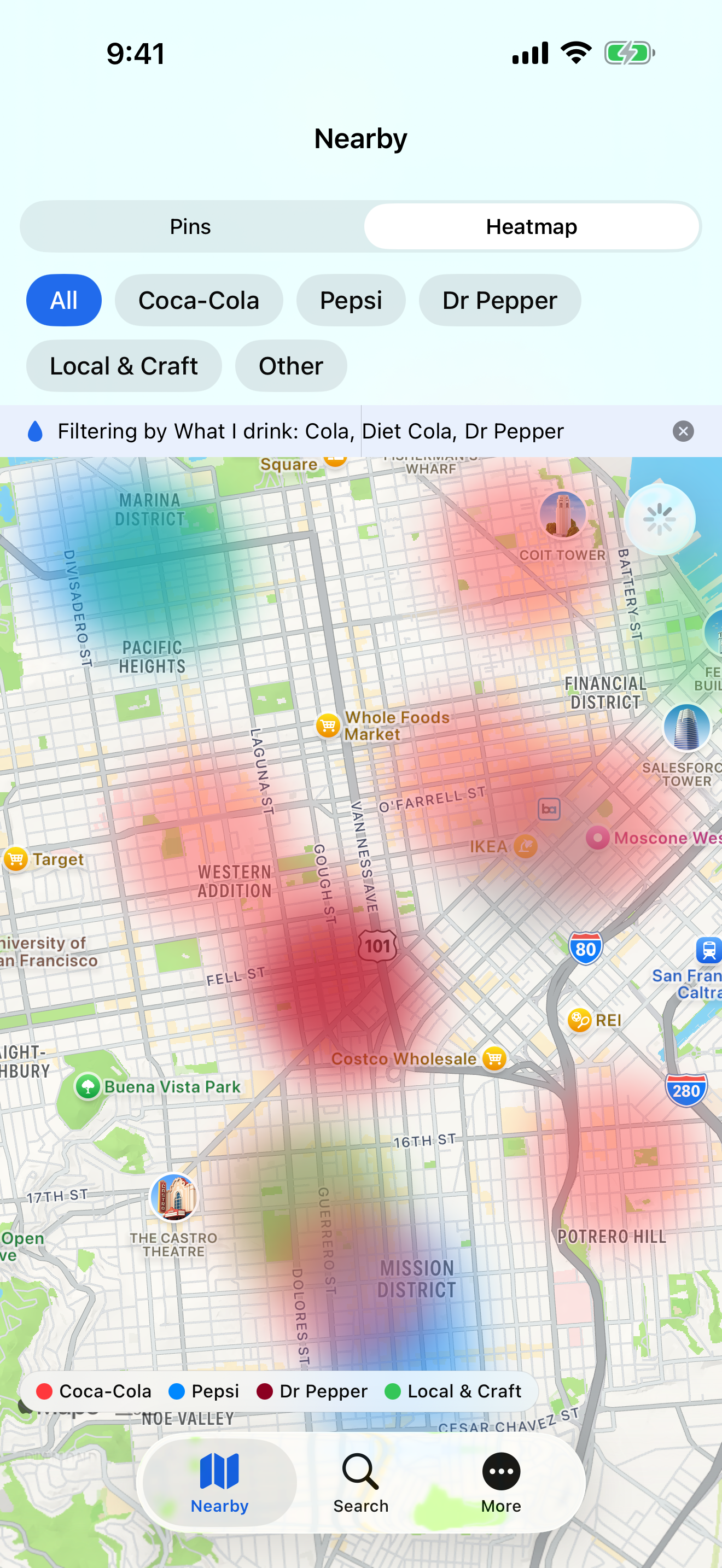 Density heatmap overlay on San Francisco showing which brand dominates each neighborhood as a blurred gradient.